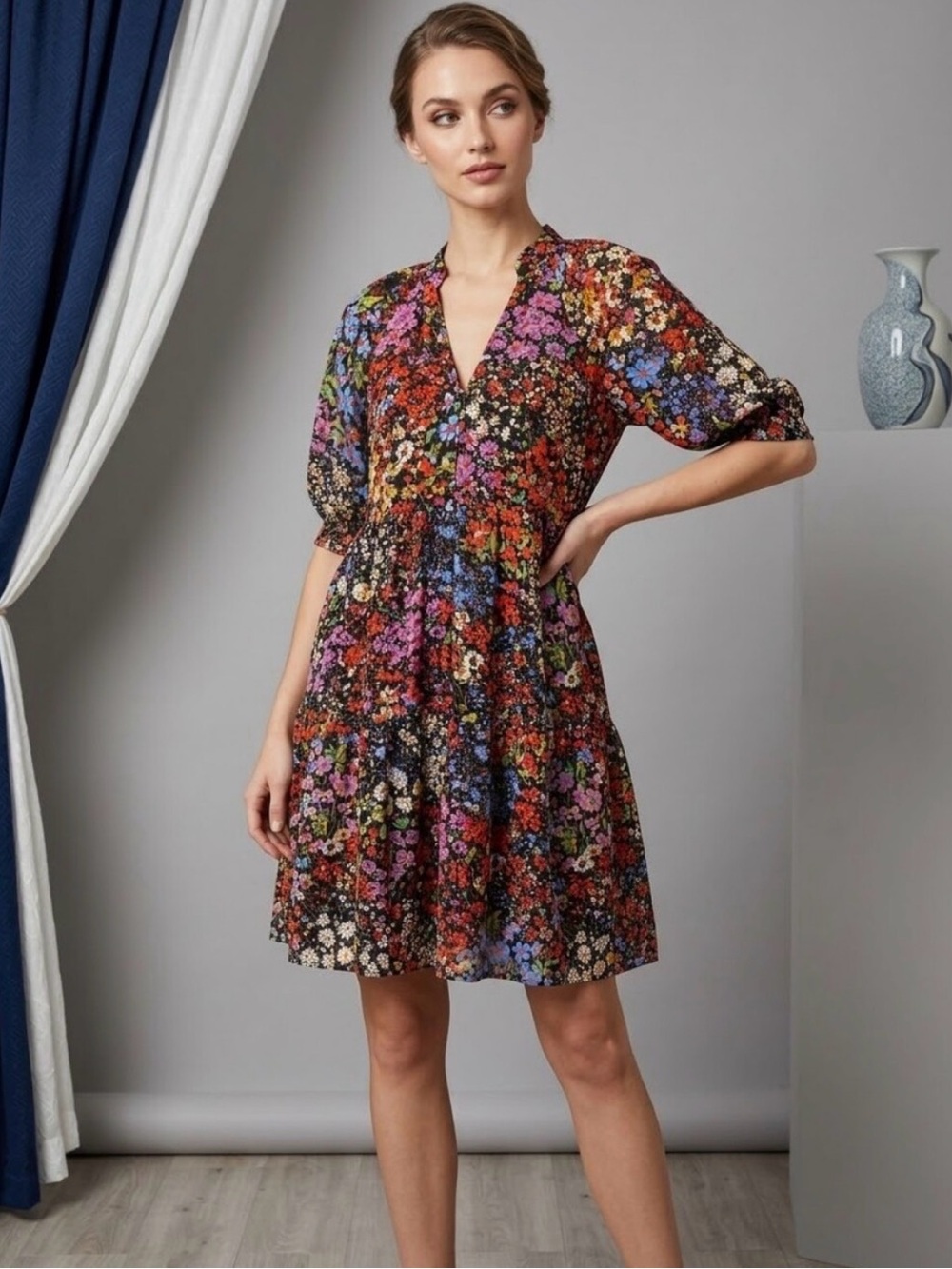 ANTHROPOLOGIE Maeve Melinda Tiered Tunic Dress XS 18.5” p2p Black Multi EUC